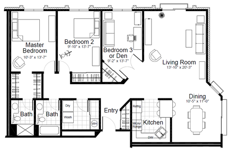 Floor plan for 3 beds, 1.8 baths, 1455 sqft